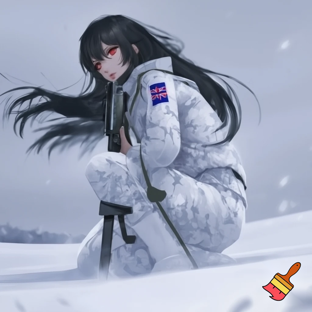 realistic colours, zoomed out veiw. large eyes looking to the left behind the camera, long black hair, red eyes, 19 years old girl. wearing white military camo clothing, jacket and pants  with british sas flag on the sleeve, kneeling in snow, holding a rifle. anime stye 