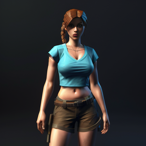 "Low-poly style Lara Croft from Tomb Raider 1 (1996), perfectly recreated triangular breasts with visible polygonal edges and sharp angles, classic blue top and brown shorts, retro 1996 3D character aesthetic mixed with detailed rendering, ponytail, ancient tomb background, cinematic