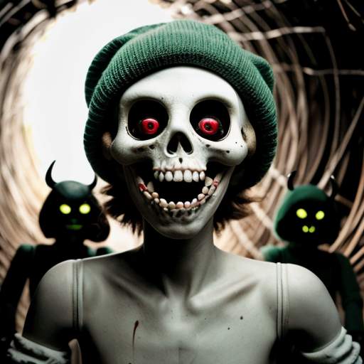 Photorealistic found-footage flash photography of three uncanny puppets in a dark concrete tunnel. Left: furry grinning demon with horns. Center: pale, blank-faced puppet in an oversized white military cap. Right: tall, grinning white puppet with hollow black eyes and a propeller beanie. Analog horror, heavy VHS grain, harsh camera flash, eerie green-blue tint, macabre, liminal space.