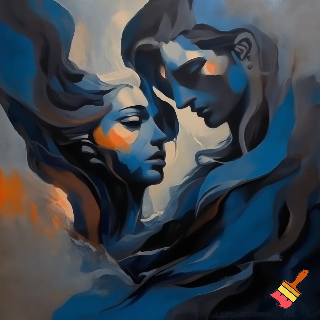 oil painting romantic couple man and woman with a long hair love blue and grey modern abstract
