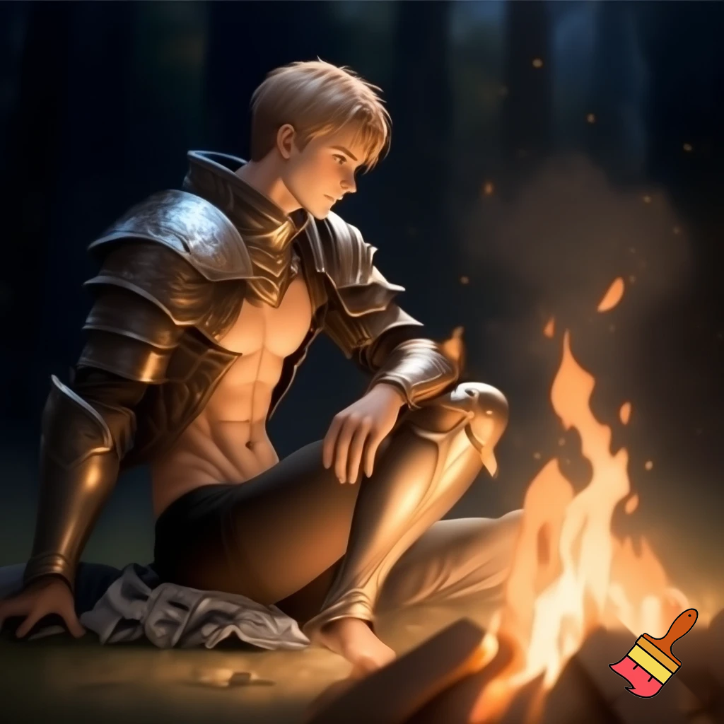 An anime knight with his armour off sitting around a campfire with his shirt off and only his underwear on