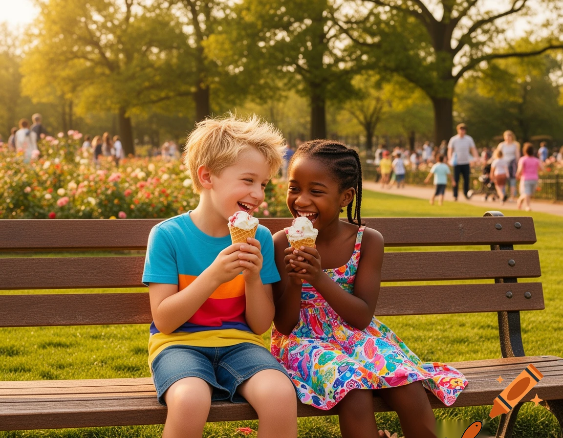 A wholesome scene suitable for children. A ten year old couple having fun on their first date. They are enjoying ice cream together. He is white and she is black. 