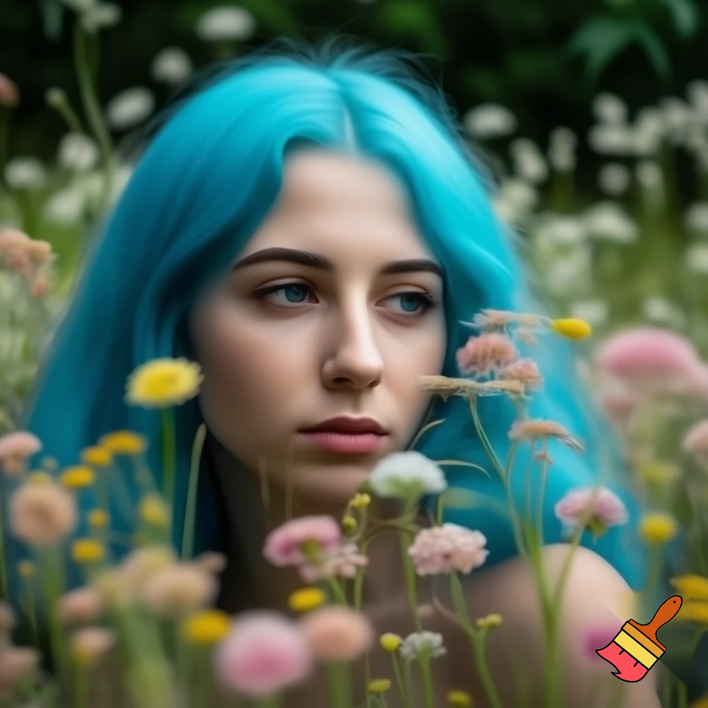 a girl in flowers with blue hair
