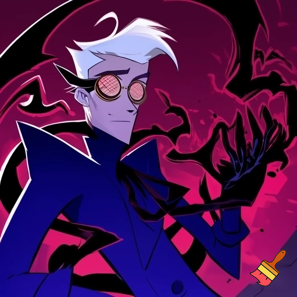A tall, lean pale man with white hair, distinctive round brass glasses he has a stern look on his face. his face In cartoonish art style of hazbin hotel wearing his signature blue overcoat with black sinister smoke curling around him his hand reaching out, producing the black sinister smoke