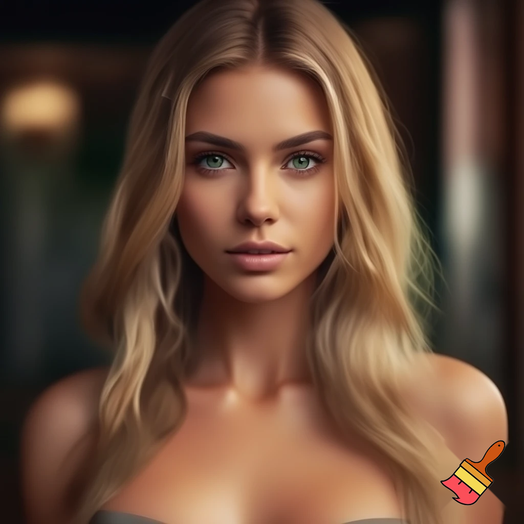 Make a hyper realistic photo of a woman in her early 20s who has long blonde hair, green eyes, and a big bust.