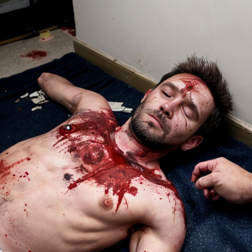 shirtless random man (neighbor, not everyone has 6 pack.), face are hiding by shirt, died already, chest are open wounded circle in random man, blood everywhere, eye closed, floor (on random place) on corpse body.