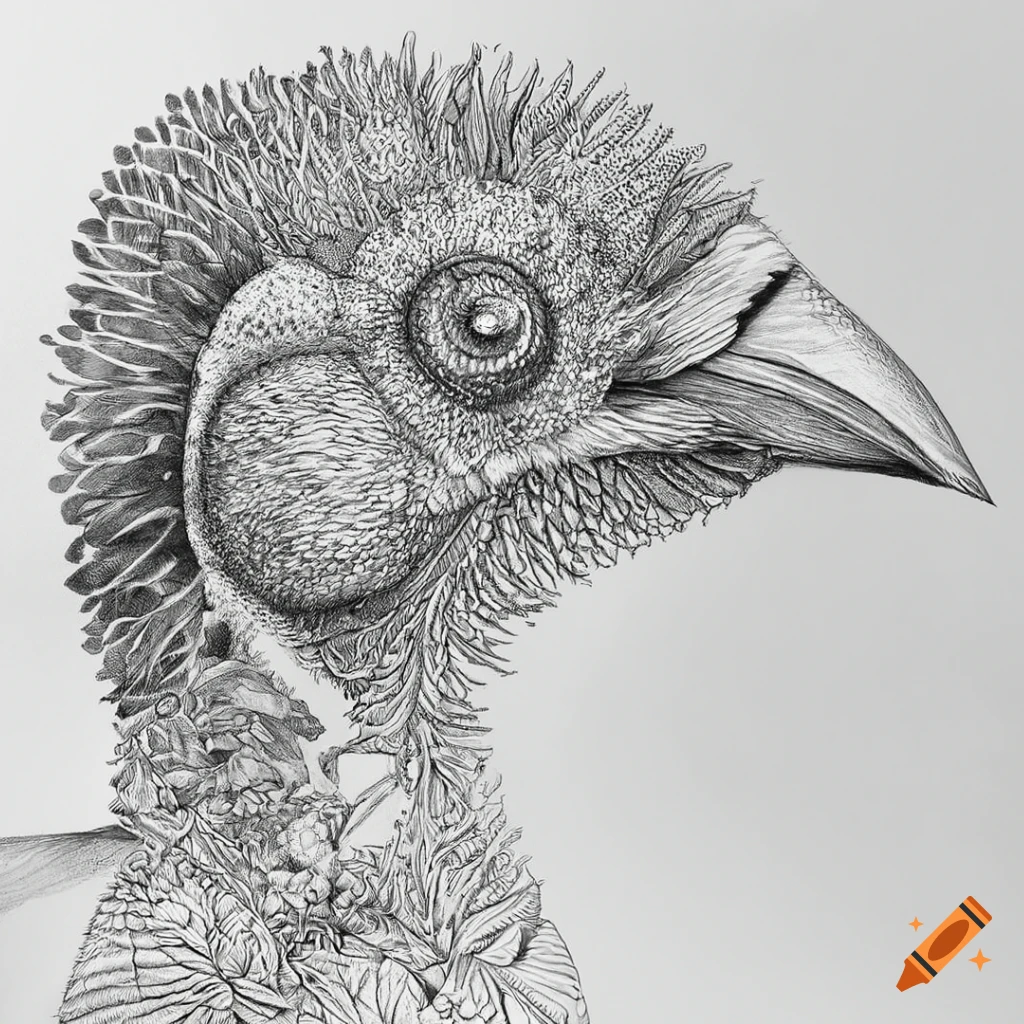 exotic bird sketches with intricate patterns and textures in greyscale
