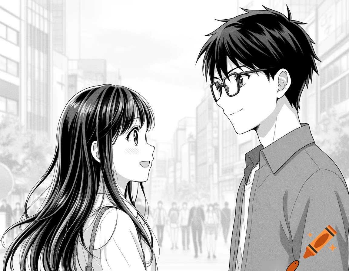 black and white manga style illustration, Indian girl meeting 4–5 guy friends for the first time, emotional and cute atmosphere, modern setting, heroine looking at a tall boy with short hair and rectangle glasses, expressive eyes, shy smiles, detailed ink line art, Japanese manga style, cinematic composition, manga panel layout, no color