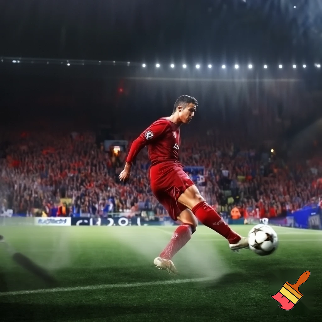 Ronaldo playing for Liverpool kicking a ball in the champions league against Everton