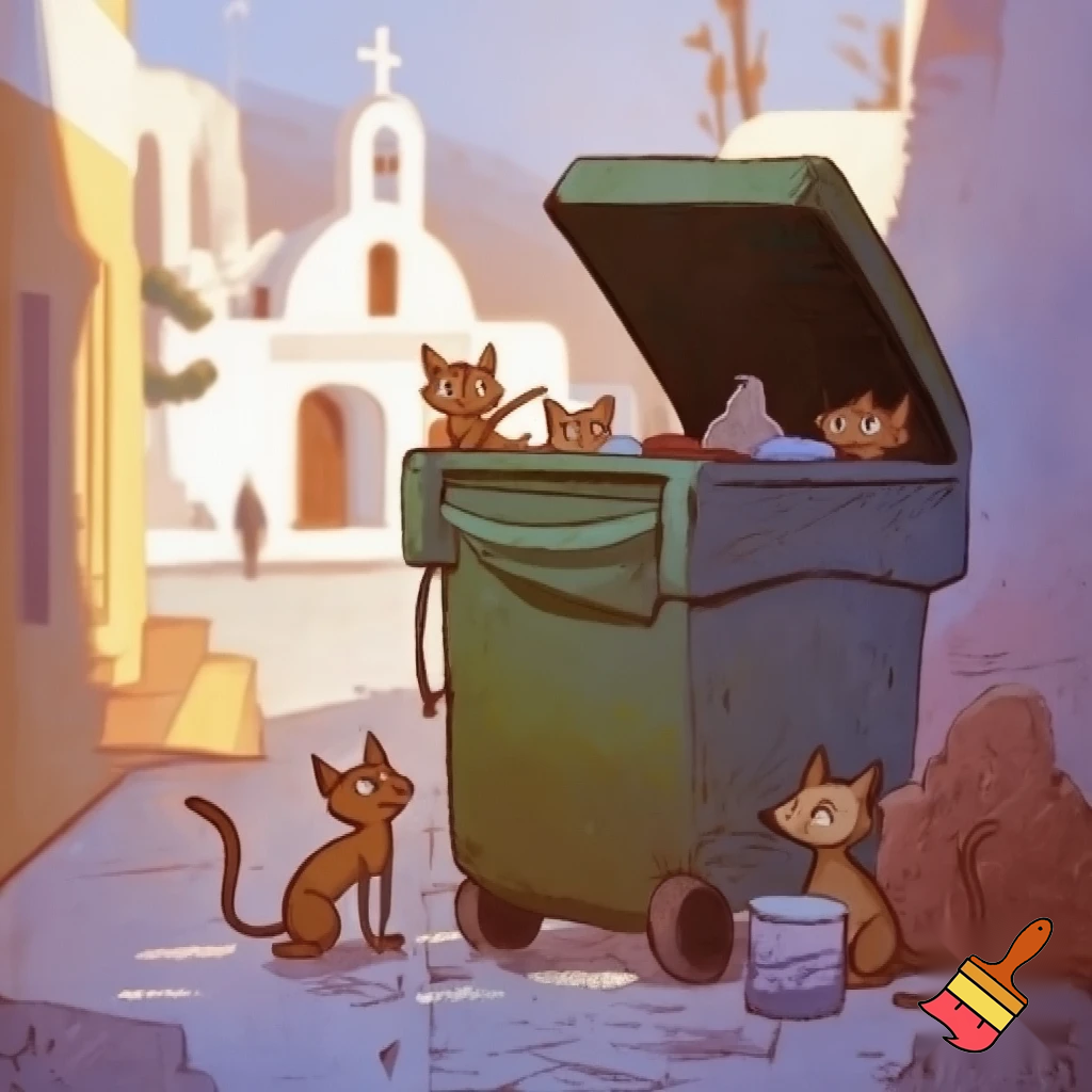Cartoon-style scene in a small Greek neighborhood. A large green outdoor garbage container stands with its lid open. Inside the container, tossed away, are a couple of pet food bowls and a small water bowl. Around the container are several stray cats and kittens looking sad and thirsty, some sitting, some searching the ground. One or two kittens peek curiously into the container. In the background, a simple white Greek church with a cross on top, and a few distant people walking toward it, not facing the viewer. Early-day Mediterranean light, warm tones, gentle but emotional atmosphere. Style: soft cartoon, watercolor-like textures, subtle outlines, slightly heart-tugging mood. Cats bit skinny