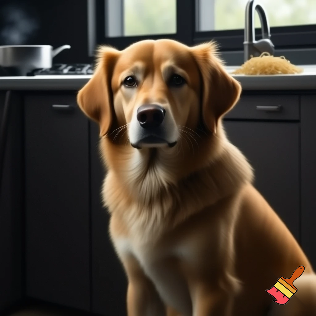 Genarate a realistic dog with a long tail and cooking noodles