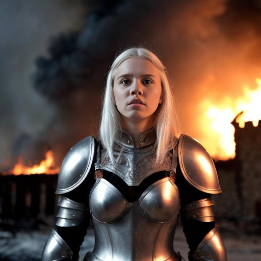 young white-haired woman in armor stands in front of a burning castle into which me