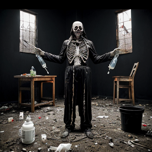 a grotesquely surreal tableau—an abandoned slaughterhouse repurposed into a deranged satanic banquet hall, where the concrete floor is slick with blood and strewn with rotting trash, discarded meat hooks dangling from rusted chains overhead. A skeletal priest in tattered vestments presides over a macabre feast, his hollow eyes glowing red as he raises a goblet filled with thick, black ichor, while around him, mutated revelers in tuxedos and gore-smeared evening gowns tear into human limbs arranged on silver platters like fine cuisine. Hazmat-suited figures loom in the shadows, their gas masks reflecting the flickering candlelight from upside-down crucifixes, their gloved hands clutching syringes dripping an unknown fluid. The walls pulse with fleshy, veined growths, and in the far corner, a still-twitching pile of flayed bodies writhes in unholy communion, their mouths sewn shut with barbed wire—a masterpiece of visceral body horror where decay and decadence collide.