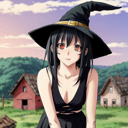 An anime witch girl with black hair, cute face, black eye. She have been abused until she only were a broken skirt left. She is naked with a lot of dâmge. She is 16 year old and height is 1,5m. She is tried to cover her skirt. The background is village with a lot of peopla