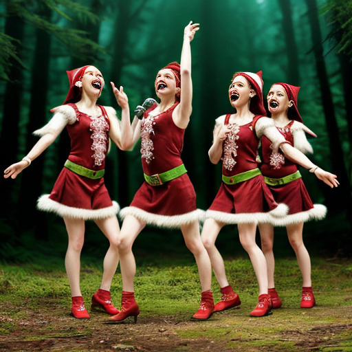 Create five elves singing and dancing in the middle of the forest