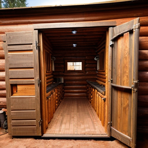 a cabin made of  bricks with a row of smokestacks on top so it looks like a small factory with a vault door instead of a regular door