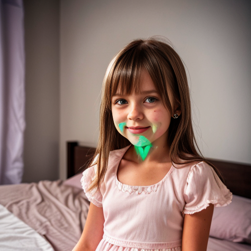 finnish brunette little girl at night dress, very beautiful and eager, on the bedroom, brown eyes