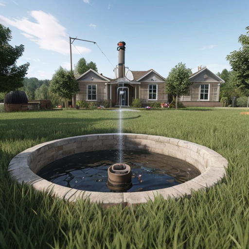 Generate an image in a semi‑infographic style: a small country house and a plot with a lawn and 3 apple trees; there’s a sprinkler system on the lawn. Next to it — a well head. The lower half of the frame should show a cross‑section of the ground: depict a well with a casing pipe; a borehole pump is suspended inside it on a cable, and you can see the pipes running to the house and to the irrigation system. Add light arrows and translucent lines to indicate the water flow. Use calm, natural colors; ensure good readability of the details. Style: “realistic diagram”; high level of detail.