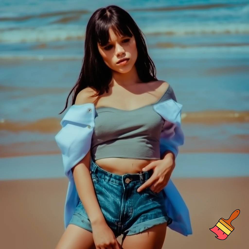 Jenna Ortega in denim shorts and a off the shoulder shirt on the beach 