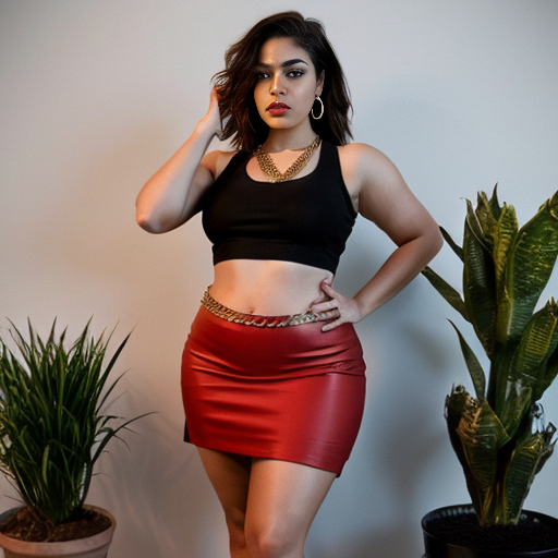 
Scene: A minimalist urban setting with potted plants.
Mood: Provocative and confident.
Expression: Dressed in a red sleeveless deep crop top and long red slit skirt, showcasing her thick thigh with a gold waist chain, the woman poses with one leg raised. She looks directly at the camera with a bold, self-assured gaze. Normal fit curvy girl 