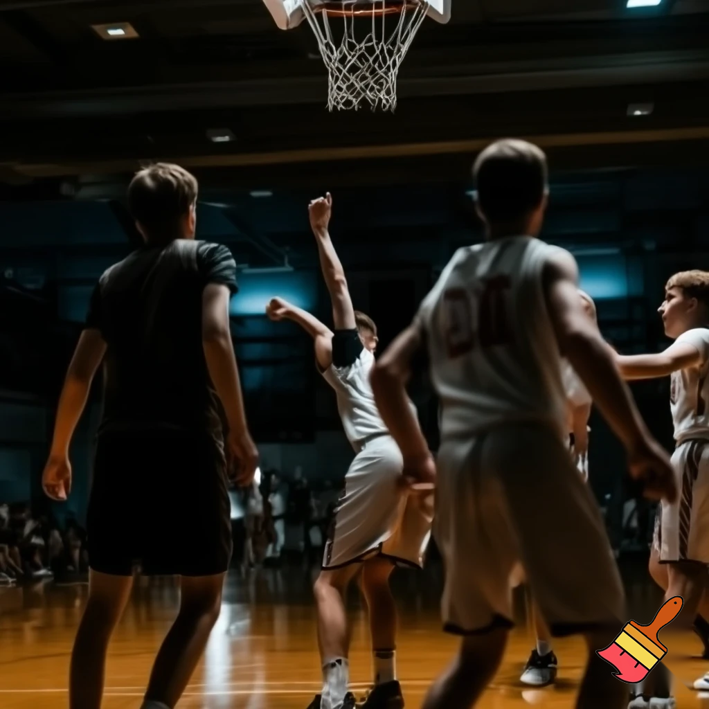 behind white teenage basketball players making a game winning three pointer