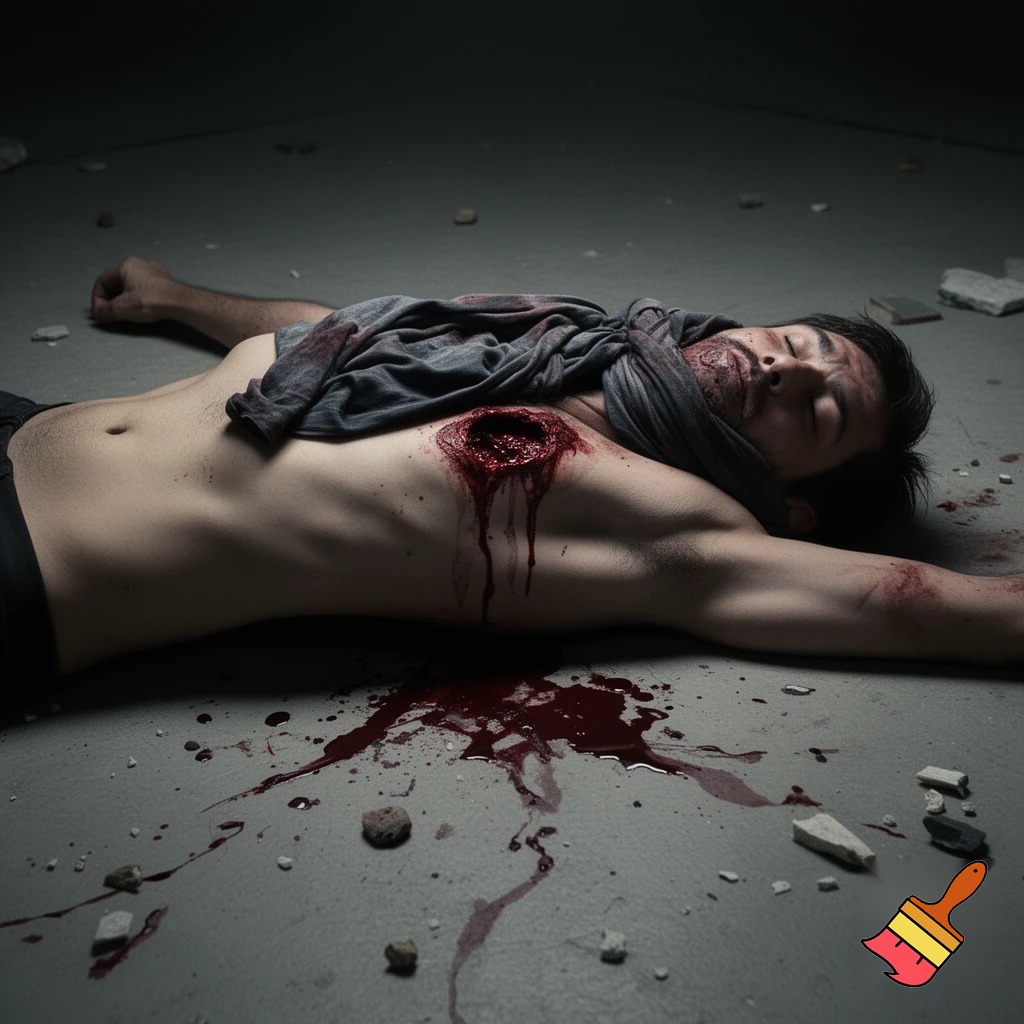 A corpse shirtless man, died, face are hiding by shirt, eye closed, chest opened wounded, blood everywhere