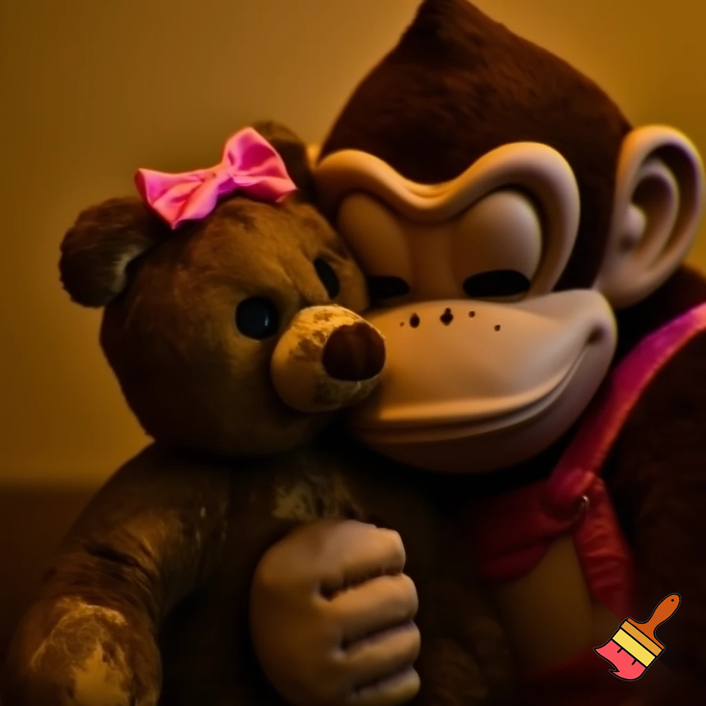 Dixie Kong hugging a teddy bear