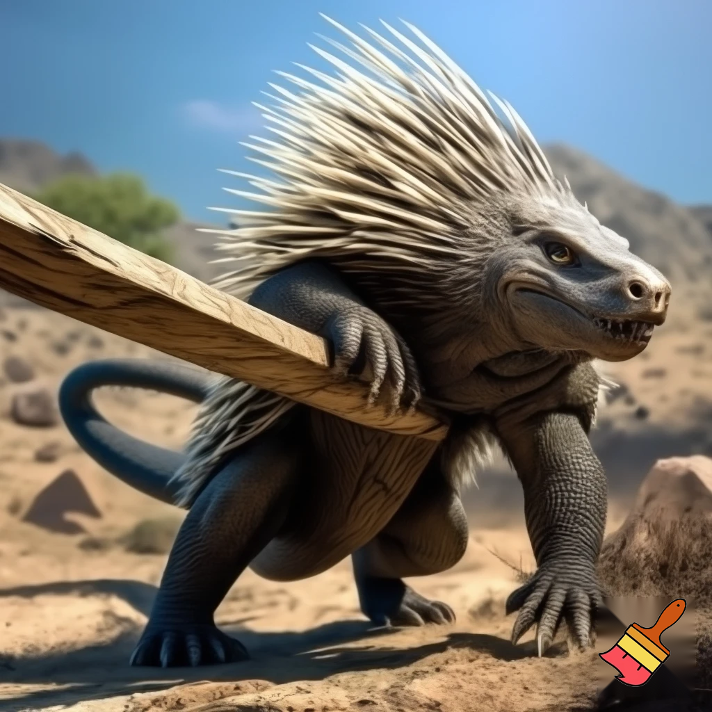Half porcupine half komodo Dragon kicking swinging a wooden board