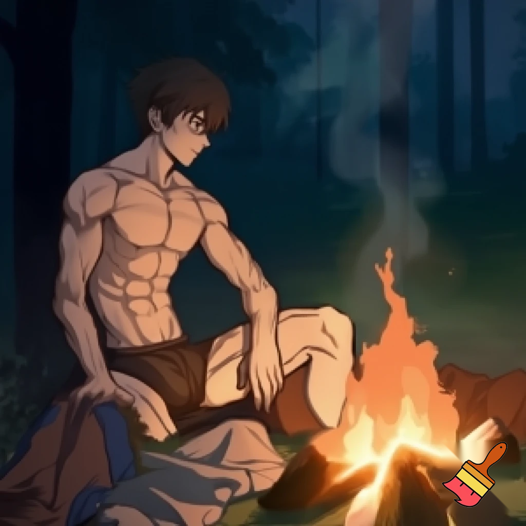 A teenage Anime knight sitting next to a campfire with all of his cloths except his underwear off and he has abs and muscles