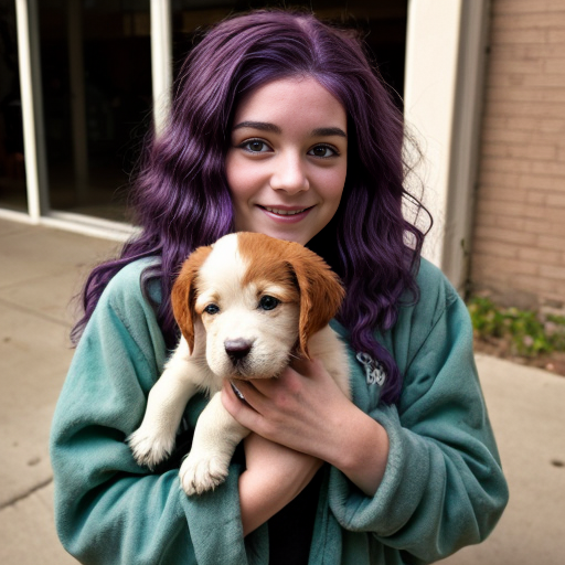 a girl with a whimsical eye and luscious purple hair baggy old green clothes and a puppy with blue fur