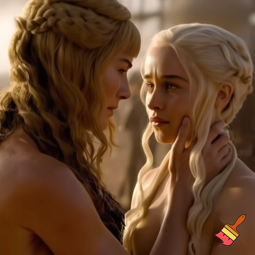 Daenerys Targaryen and Cersei Lannister fighting in the desert , Cersei Lannister is under Daenerys and losing. Both are naked and all sweaty 
