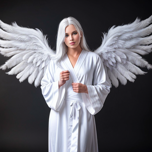 beautiful white-haired angel in white robes with white feathery wings