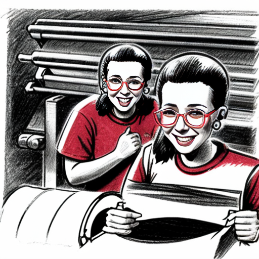 Humorous pencil sketch caricature of a female “star worker” in a printing press, keeping likeness to the photo, exaggerated cheerful smile, expressive eyes with glasses, short hair slightly wind-blown, a few earrings, she has 60 years old, wearing overalls with rolled-up legs and a simple t-shirt, dynamic triumphant pose holding a stack of paper, small ants in work helmets carrying paper, printing machines in the background with spinning rollers and floating sheets, comic-style expressive lines, light hatching and shading, playful and satirical, energetic and lively, not mean-spirited, caricature