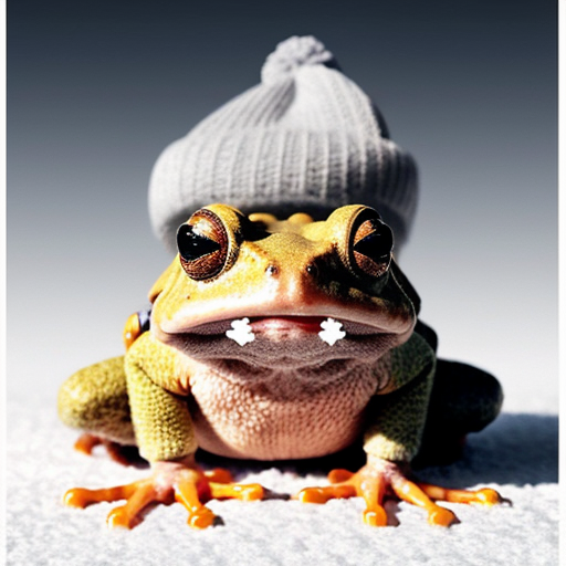 A laughable, puzzled animal toad in woolen, multicoloured winter clothings with woolen winter cap. Hyperrealistic art style.