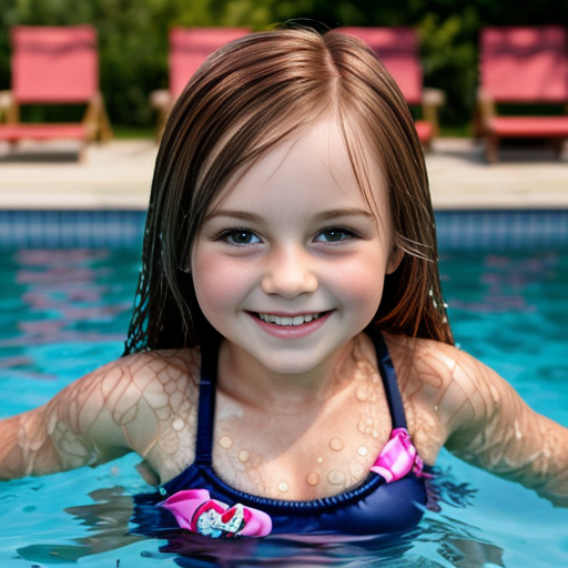 Swedish little girl, at age 5, auburn hair, straight hair, swim suit, smiling