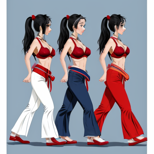 90's disney's 2d aladdin style comic dark blue background and panels of panel 1 a black haired ponytail woman with blue skin , blue harem pants, red bra and red sash and red curved slippers and with three heads walking towards viewer. 
panel 2 the head in the middle of the three headed black haired ponytail woman with blue skin , blue harem pants, red bra and red sash and red curved slippers is looking at the left head and the right head of the three headed the black haired ponytail  woman with blue skin , blue harem pants, red bra and red sash and red curved slippers. Panel 3 the middle head of the three headed black haired ponytail woman with blue skin , blue harem pants, red bra and red sash and red curved slippers is making a kiss face and still walking towards viewer. 
Panel 4 but then the two heads of the three headed the black haired ponytail barefoot woman with blue skin , blue harem pants, red bra and red sash did the same. 
Panel 5 then the three heads of the three headed black haired ponytail woman with blue skin , blue harem pants, red bra and red sash and red curved slippers started kissing the viewer. 
Panel 6 then the three headed black haired ponytail  woman with blue skin , blue harem pants, red bra and red sash and red curved slippers then turns around and raising her arms then swaying her hips. 
Panel 7 while the the three headed black haired ponytail woman with blue skin , blue harem pants, red bra and red sash and red curved slippers is shaking her butt a triangle shaped patch was on the her butt of her blue harem pants.