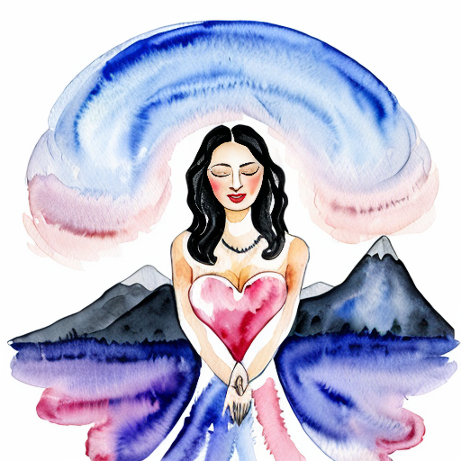 lucid dreaming. woman with a spiral emanating from her heart
 by a mountain
