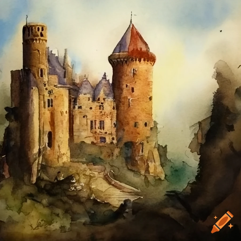 A watercolour painting of a medieval castle