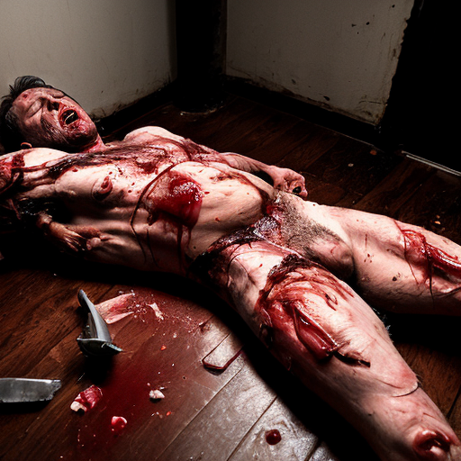 A gangster lifeless man body on floor, shirt pull into shirtless, opened wounded making exposed ribs and gore on center chest, blood bleeding mouth, both eyes closed.