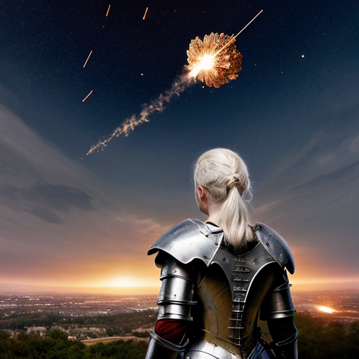 young white-haired woman in armor watches as meteorites fall on her castle