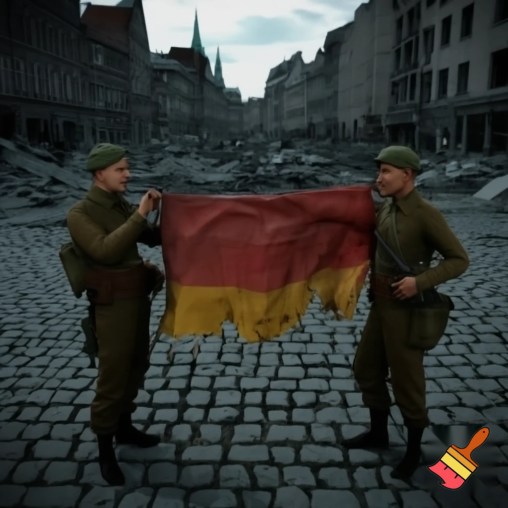 Солдаты ГДР и СССР (1980-1990ые годы,форма,оружие и снаряжение того времени) Держат довольно большой флаг ГДР (солдат гдр - слева,солдат СССР - справа) на фоне полу-разрушенной площади в город Брауншвейг.
