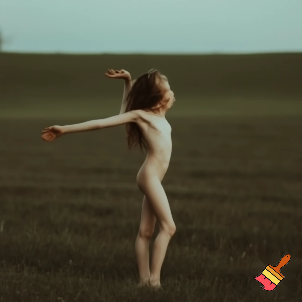 создай худую голую девушку полностью без одежды стоящую в тихом поле