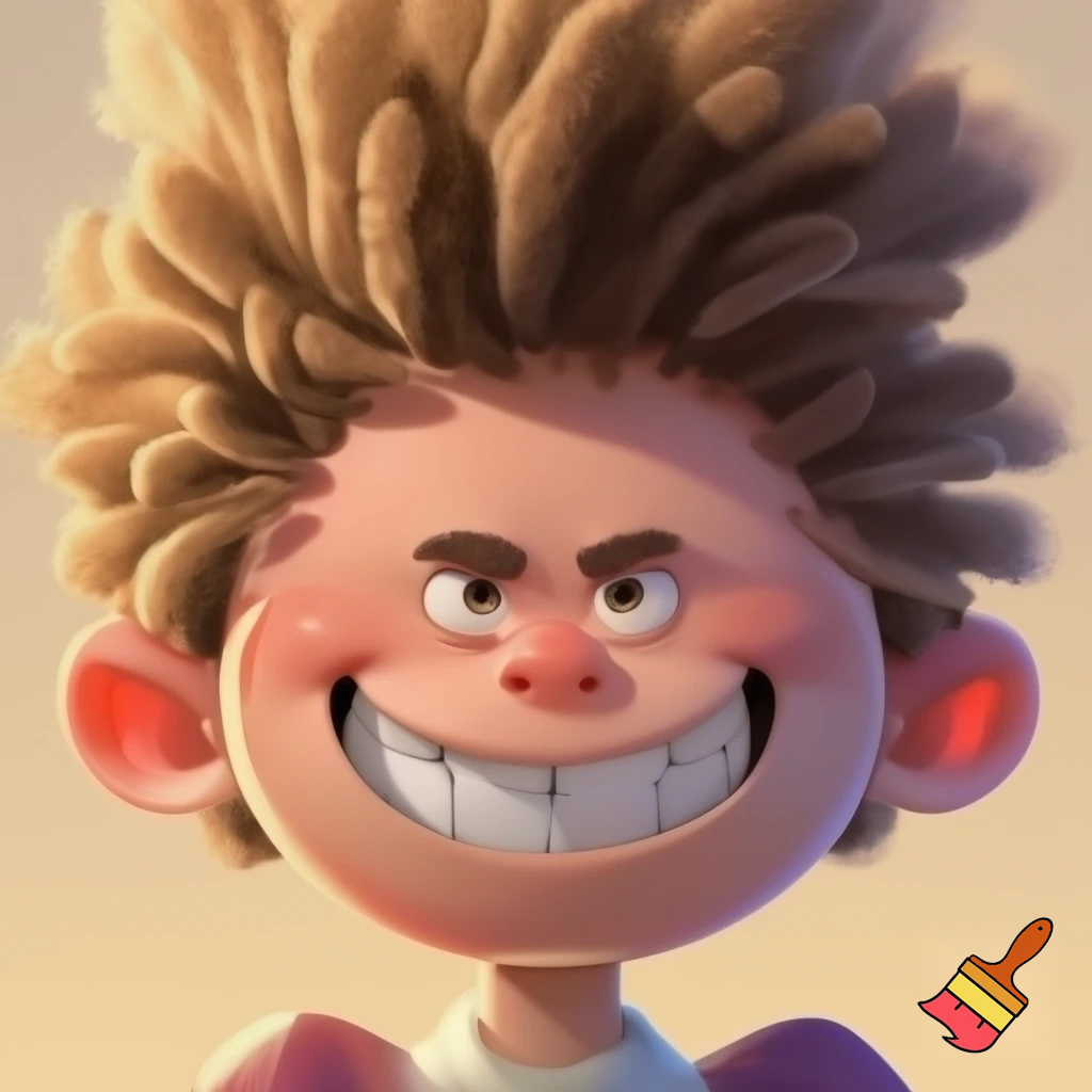 A goofy boy in caricature style with a large head and uneven teeth and fluffy hair and very tiny ears