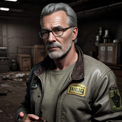 Cinematic portrait of Ingeniero Valdés, a rugged elderly scientist with weathered skin and sharp grey eyes. He wears a heavy olive-drab tactical field jacket over a dark red sweater. Messy salt-and-pepper hair, thick dark-rimmed glasses with visible scratches. Holding a retro-futuristic bronze device with glowing blue tubes. Hyper-realistic, 8k resolution, detailed texture, dark workshop background with floating dust particles, gritty atmosphere, moody lighting.
