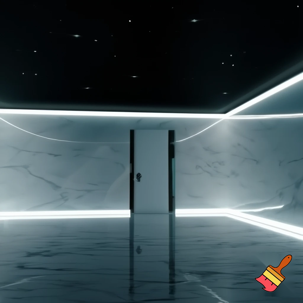 Chanel lamp, white marble floor, black ceiling with stars, white marble walls, neon lights surrounding the entire room,new plain white door with glass edge