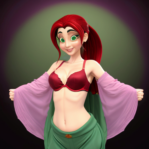 90's disney's 2d aladdin style comic dark black background and panels of 
panel 1 purple haired Ponytail shantae with red harem pants and red bra and red curved slippers with both hand palms place together and hiding the bottom of her mouth with a red veil wrapped around her arms and shoulders. 
panel 2 she danced with red harem pants with red bra and red curved slippers and red veil wrapped around her arms and shoulders and raising legs and bounced up and down her belly and shook her hips left and right. 
panel 3 as Shantae with red harem pants and red bra and curved red slippers spreading her arms, happily revealing her face to the viewer and giving a smile as she turns around shook her butt left and right. Panel 4 as purple haired Ponytail shantae with red harem pants and red bra and red curved slippers started to fading away , except her belly, which is bouncing around. 
Panel 5 then the ball transforms into the fading in belly of green haired Ponytail shantae with light green skin and green harem pants and green bra and green curved slippers and green veil wrapped around her arms and shoulders with her swaying her hips. 
Panel 6 green haired Ponytail shantae with light green skin and purple harem pants and green bra and green curved slippers and green veil wrapped around her arms and shoulders and with her hand palms place together between her chest and she gives a smile and winking her left eye. 