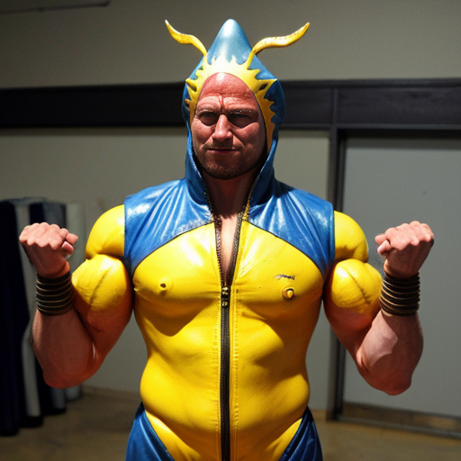 peux tu générer un homme requin humanoïde  qui porte un costume jaune abimé. Ses bras portent  des ailerons de requins. Il est musclé et à l'air méchant. Il porte un chapka russe sur la tête. 
Représente le de plein pied et insiste sur son côté requin terrifiant.