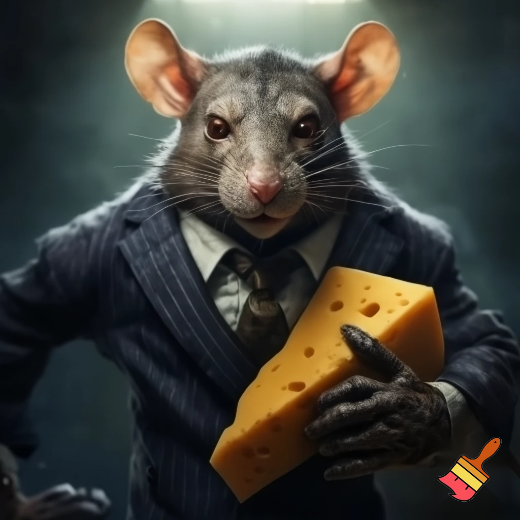 Strong rat, cheese in hand, mugshot evil with suit rat