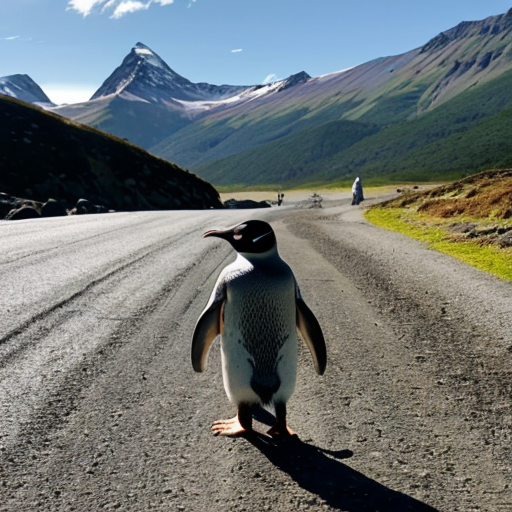 a ginger penguin walking to the mountains