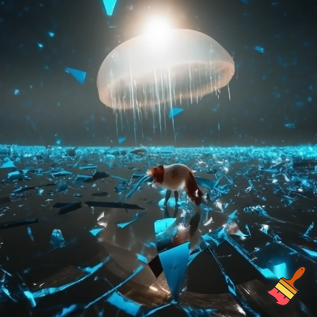 a surreal desert made of broken mirror shards, neon blue reflections everywhere, a tiny red fox in the middle wearing a half–transparent raincoat, sun is a gigantic jellyfish floating in the sky, sandstorm looks like glitch pixels, cinematic lighting, hyper realistic, 8k, wide angle, filmic mood, unreal engine look, photo taken by a drone